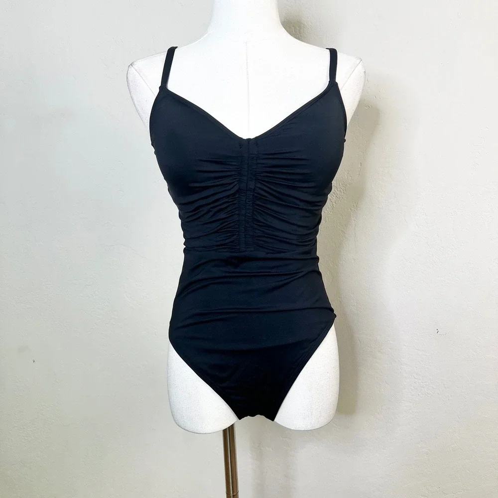 La Blanca Island Goddess Black‎ Ruched One Piece Swimsuit V-Neck Tummy Control 8